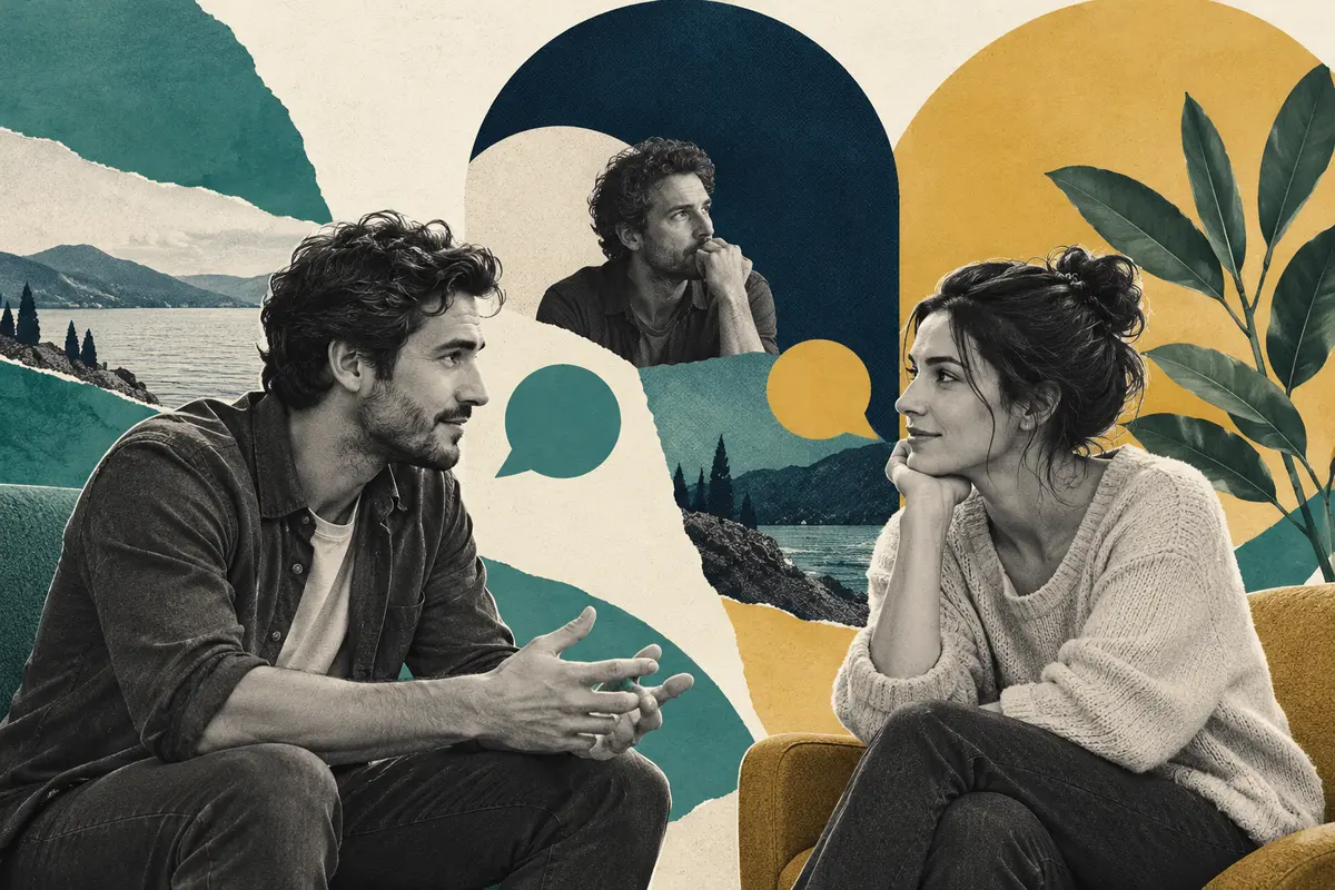 Editorial collage of a man and woman in conversation, with a reflective male portrait and geometric paper shapes.