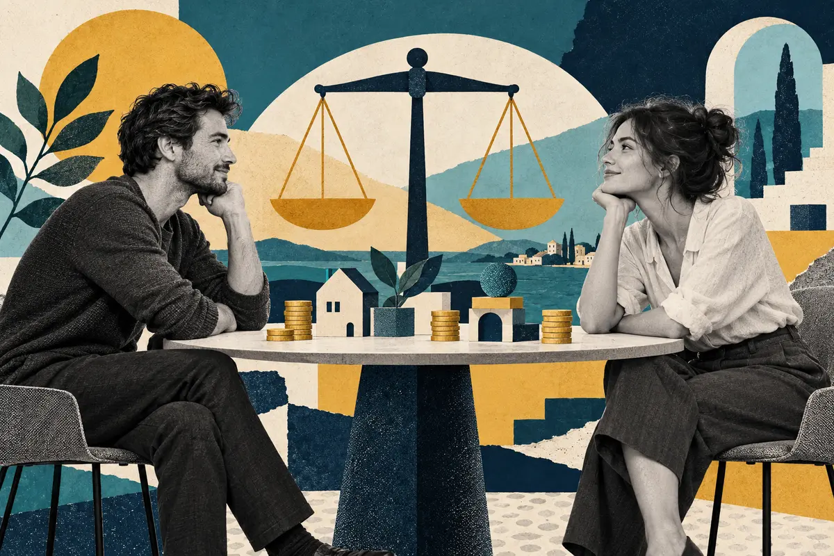 Editorial collage of equal partners at a table, with balance scales and geometric shapes.